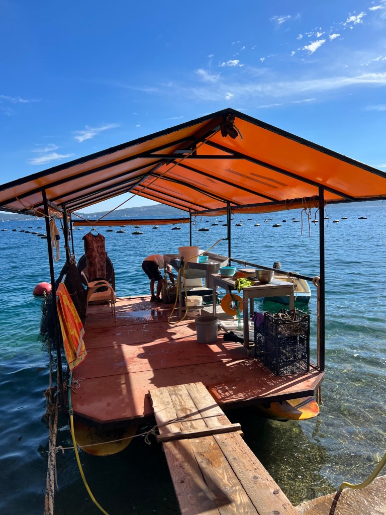The floating kitchen of an oyster restaurant with work benches and a roof to provide shade. 