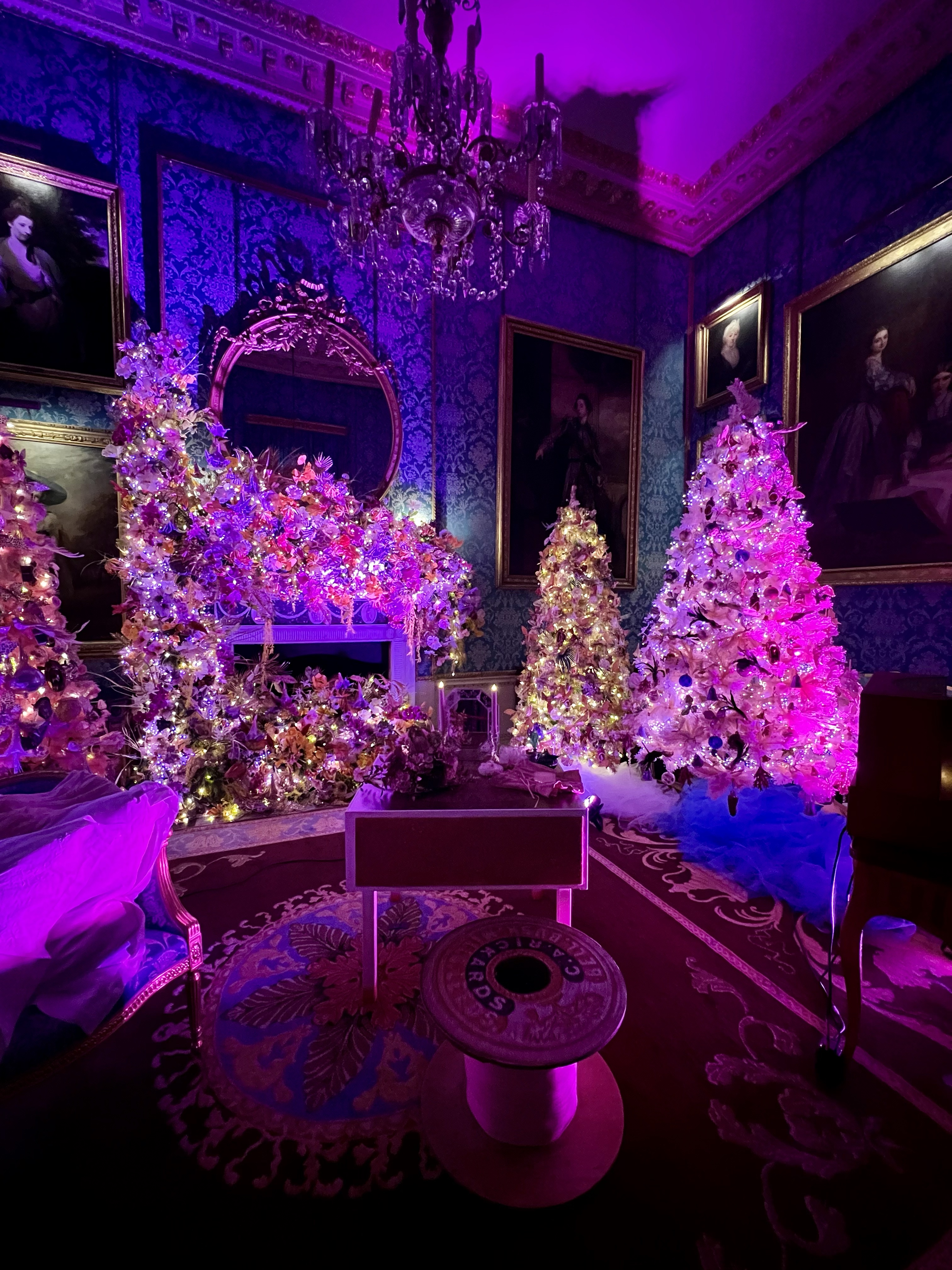 One of the rooms in the house decorated with 2 Christmas trees to the right of a fireplace and one to the left. The fireplace is covered in a floral garland over it and inside it. Everything is covered in fairy lights and lit in a low pink light. 