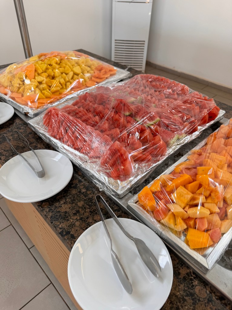 The fruit buffet with large trays of various melons on a bed of ice. 
